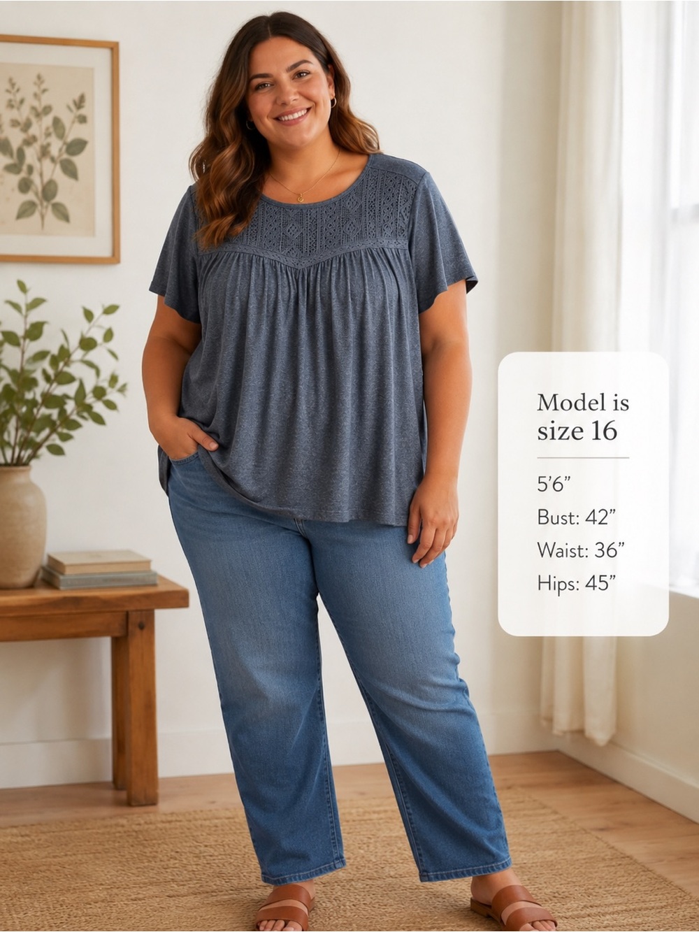 Olivia Sky Blue Crochet Yoke Short Sleeve Top